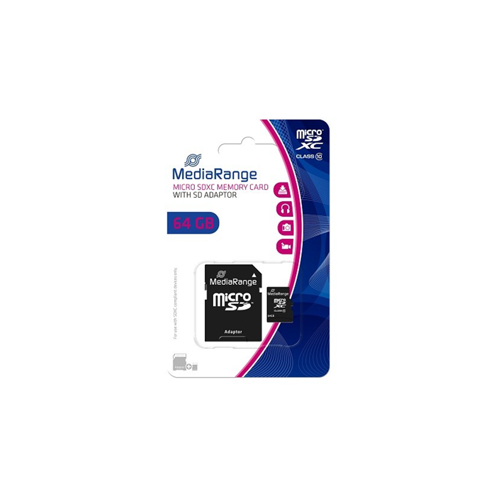 Memorijska kartica MediaRange microSDXC 64GB + SD adapter C10 MR955