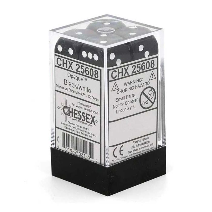 Kockice Chessex - Opaque - Black & White - Dice Block 16mm (12)